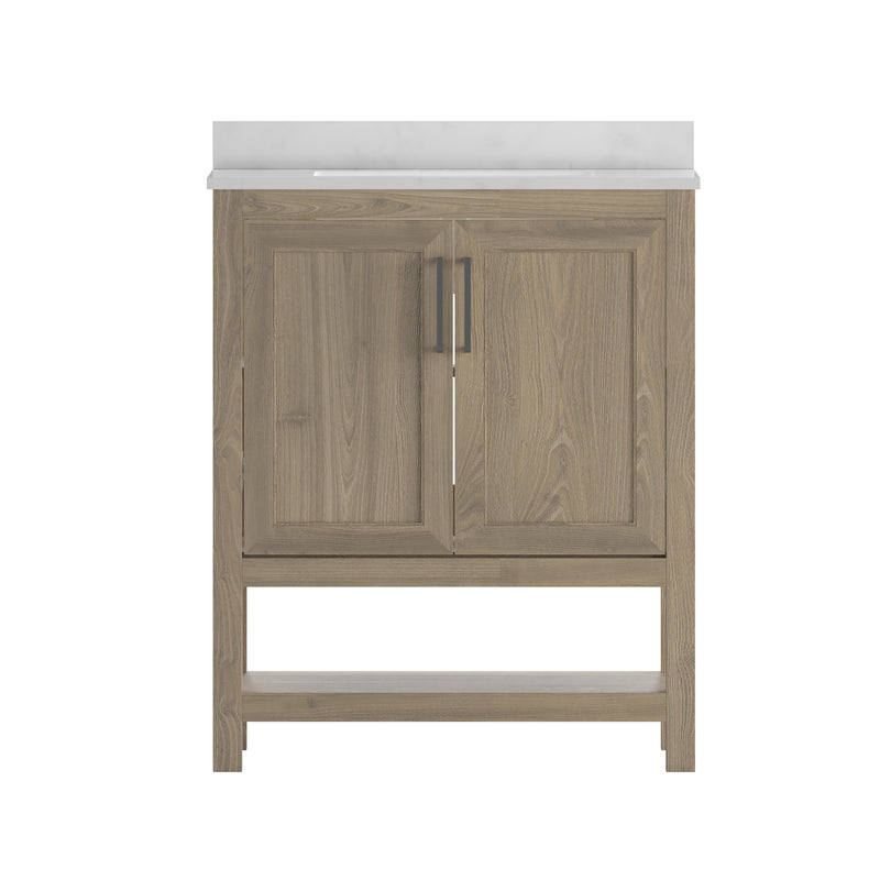 Vivien 30 Inch Bathroom Vanity with Carrara Marble Finish Countertop, Single Sink Cabinet with Soft Close Doors and Open Shelf