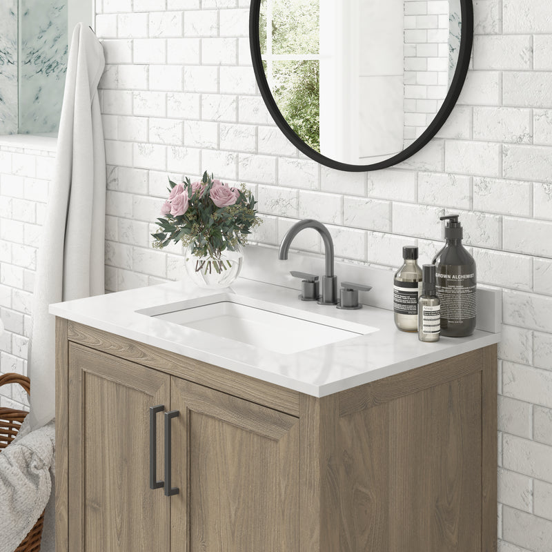 Vivien 30 Inch Bathroom Vanity with Carrara Marble Finish Countertop, Single Sink Cabinet with Soft Close Doors and Open Shelf