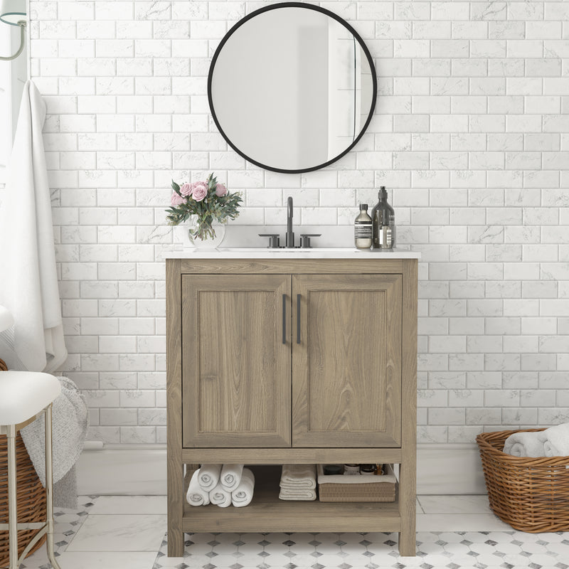 Vivien 30 Inch Bathroom Vanity with Carrara Marble Finish Countertop, Single Sink Cabinet with Soft Close Doors and Open Shelf