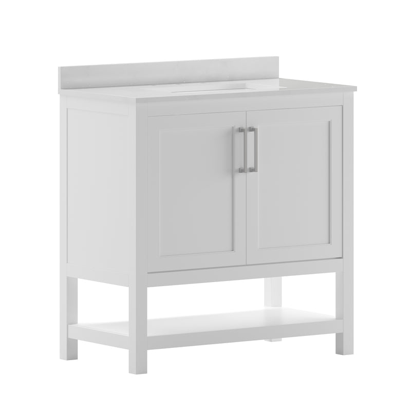 Vivien 36 Inch Bathroom Vanity with Carrara Marble Finish Countertop, Single Sink Cabinet with Soft Close Doors and Open Shelf