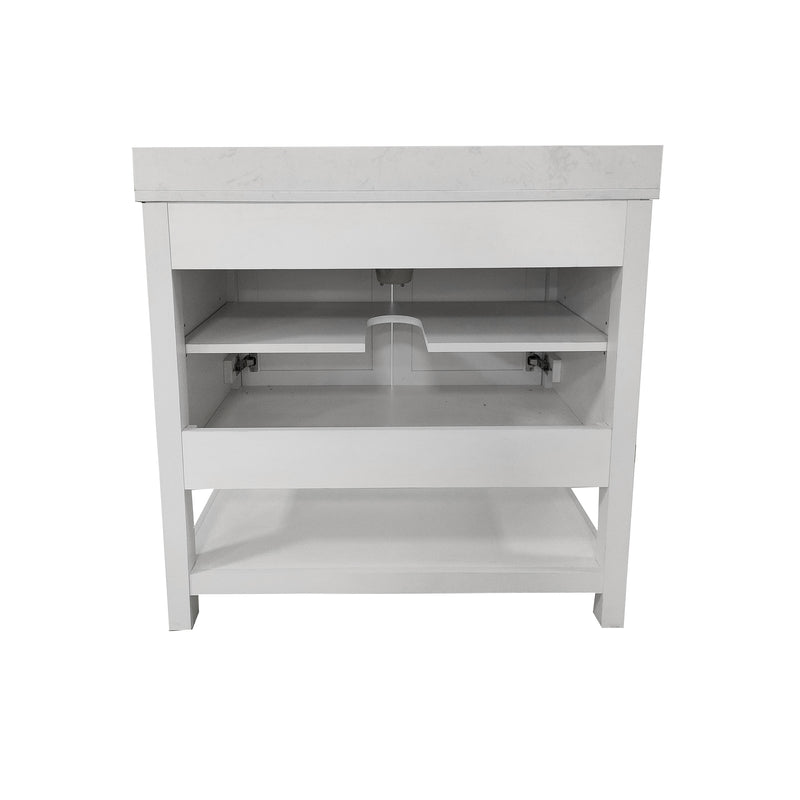 Vivien 36 Inch Bathroom Vanity with Carrara Marble Finish Countertop, Single Sink Cabinet with Soft Close Doors and Open Shelf