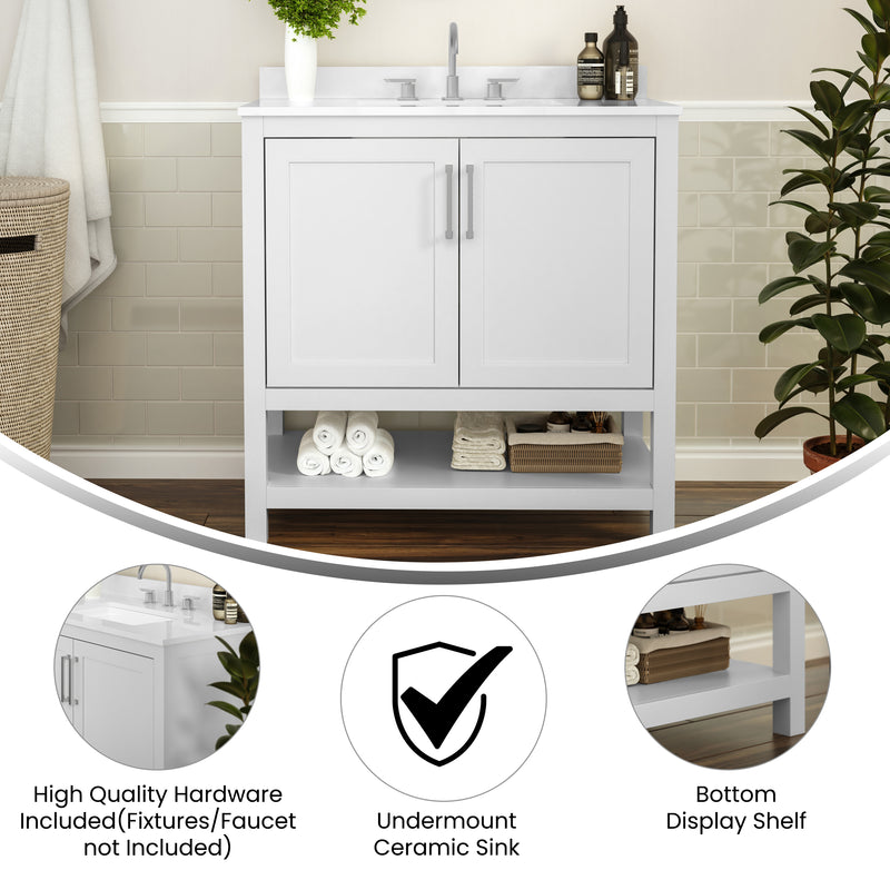 Vivien 36 Inch Bathroom Vanity with Carrara Marble Finish Countertop, Single Sink Cabinet with Soft Close Doors and Open Shelf