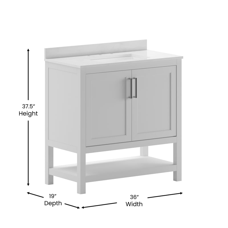 Vivien 36 Inch Bathroom Vanity with Carrara Marble Finish Countertop, Single Sink Cabinet with Soft Close Doors and Open Shelf