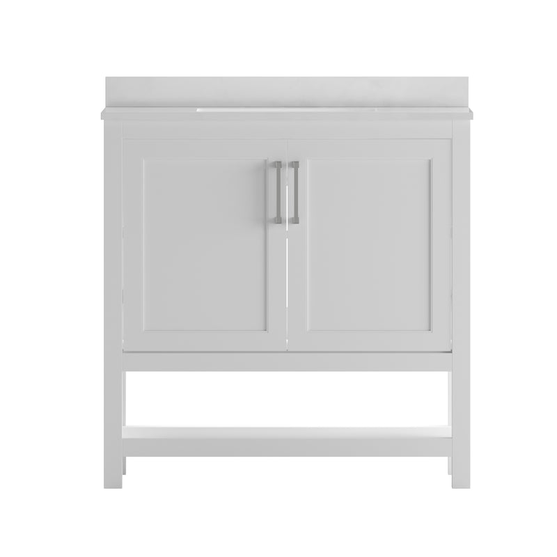 Vivien 36 Inch Bathroom Vanity with Carrara Marble Finish Countertop, Single Sink Cabinet with Soft Close Doors and Open Shelf