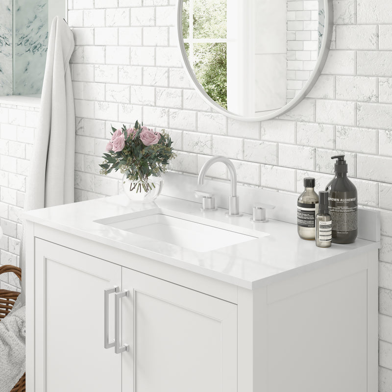 Vivien 36 Inch Bathroom Vanity with Carrara Marble Finish Countertop, Single Sink Cabinet with Soft Close Doors and Open Shelf