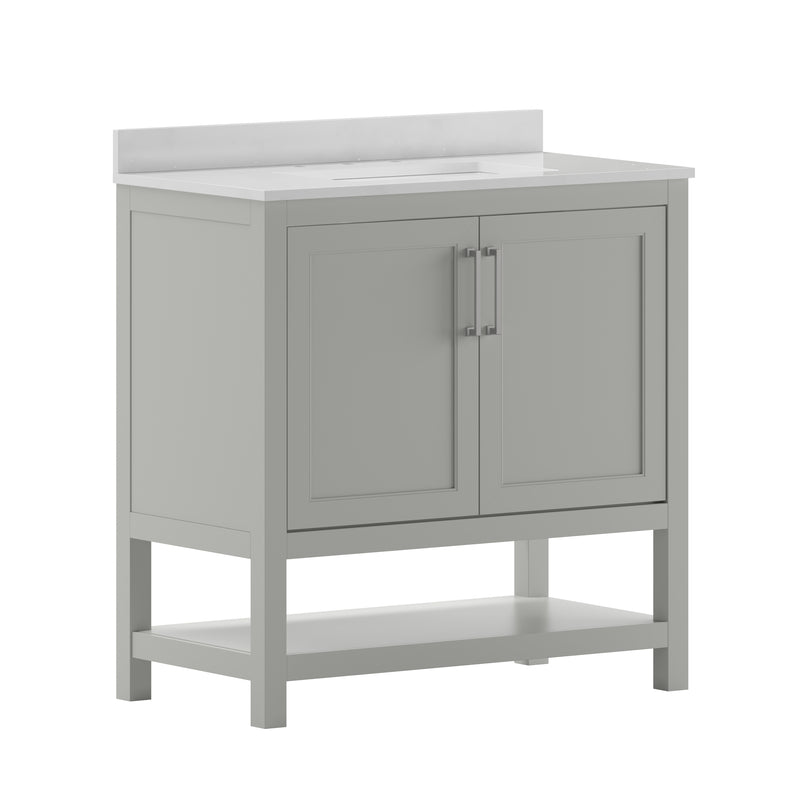 Vivien 36 Inch Bathroom Vanity with Carrara Marble Finish Countertop, Single Sink Cabinet with Soft Close Doors and Open Shelf