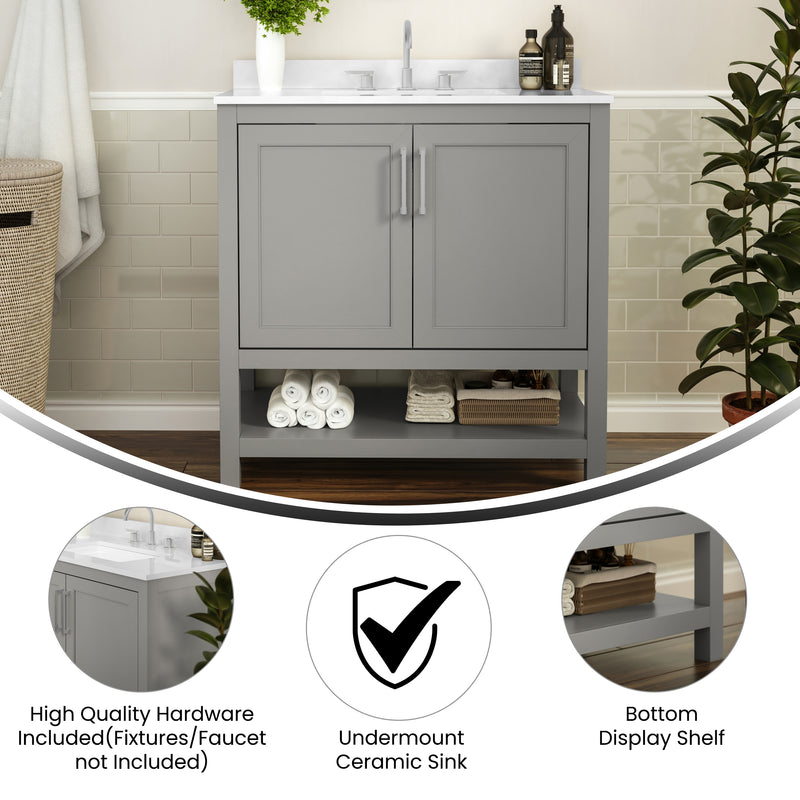 Vivien 36 Inch Bathroom Vanity with Carrara Marble Finish Countertop, Single Sink Cabinet with Soft Close Doors and Open Shelf