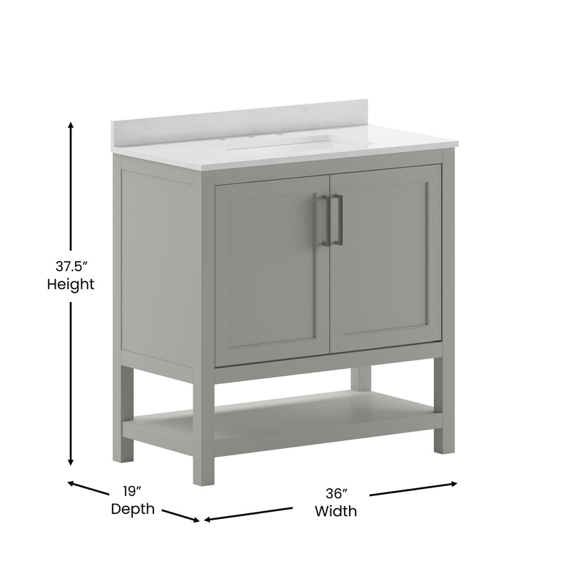 Vivien 36 Inch Bathroom Vanity with Carrara Marble Finish Countertop, Single Sink Cabinet with Soft Close Doors and Open Shelf