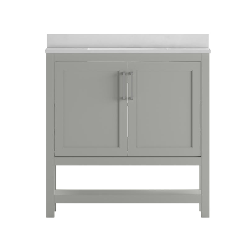 Vivien 36 Inch Bathroom Vanity with Carrara Marble Finish Countertop, Single Sink Cabinet with Soft Close Doors and Open Shelf