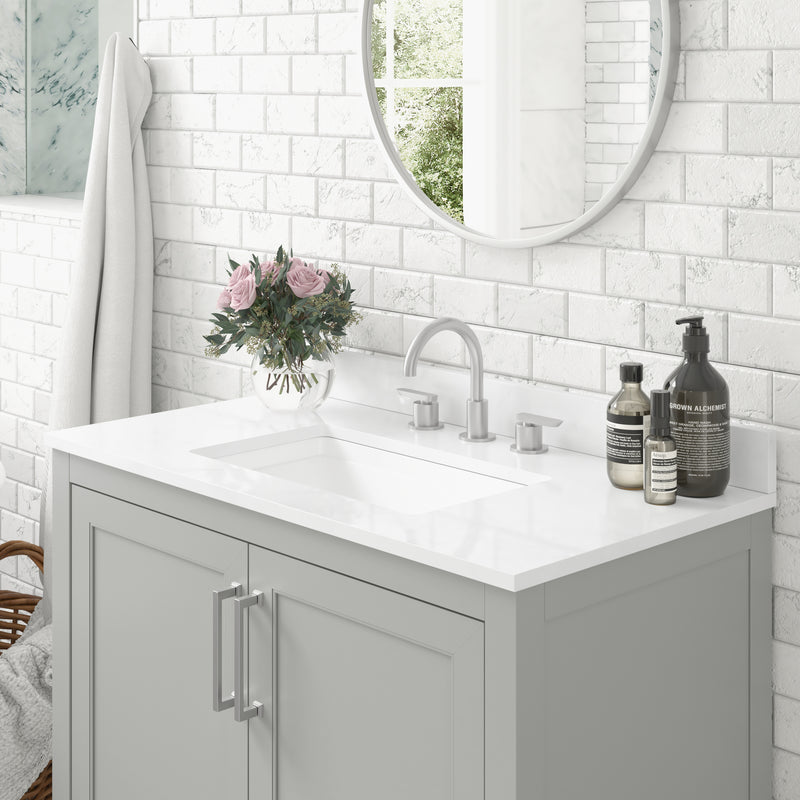 Vivien 36 Inch Bathroom Vanity with Carrara Marble Finish Countertop, Single Sink Cabinet with Soft Close Doors and Open Shelf