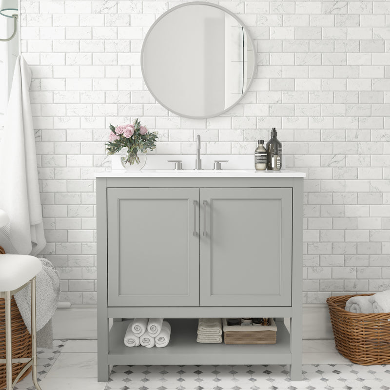 Vivien 36 Inch Bathroom Vanity with Carrara Marble Finish Countertop, Single Sink Cabinet with Soft Close Doors and Open Shelf