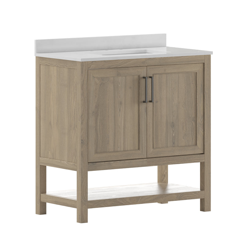 Vivien 36 Inch Bathroom Vanity with Carrara Marble Finish Countertop, Single Sink Cabinet with Soft Close Doors and Open Shelf