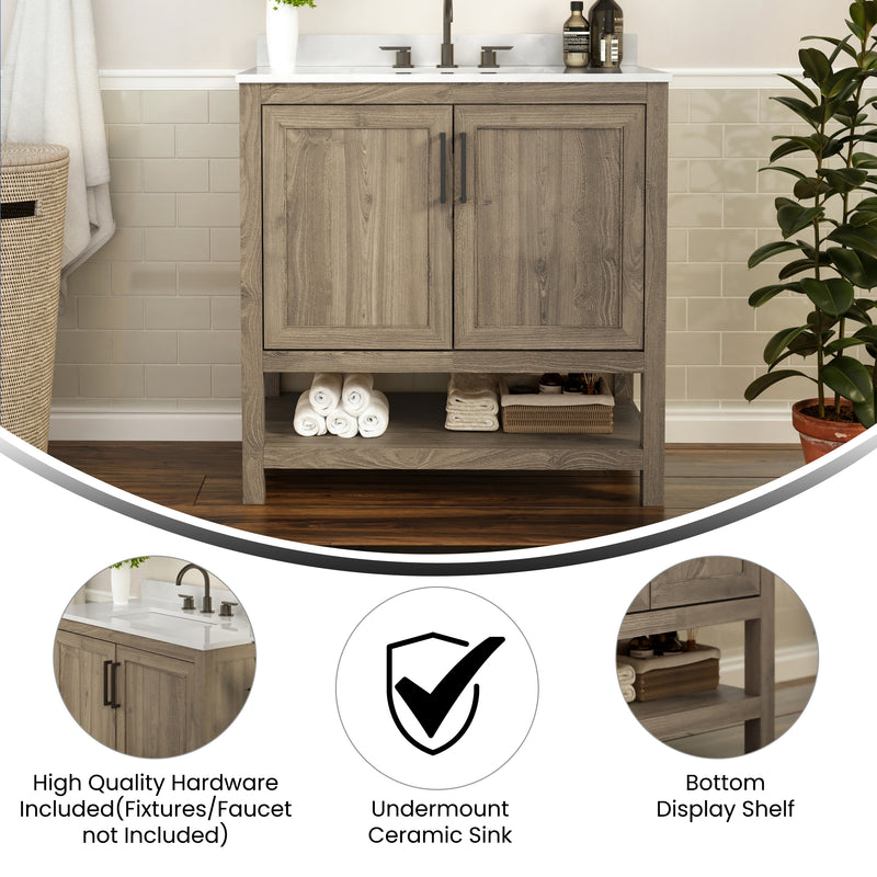 Vivien 36 Inch Bathroom Vanity with Carrara Marble Finish Countertop, Single Sink Cabinet with Soft Close Doors and Open Shelf