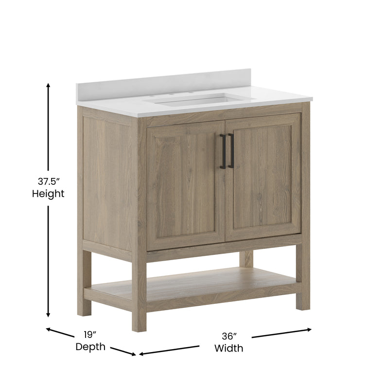 Vivien 36 Inch Bathroom Vanity with Carrara Marble Finish Countertop, Single Sink Cabinet with Soft Close Doors and Open Shelf