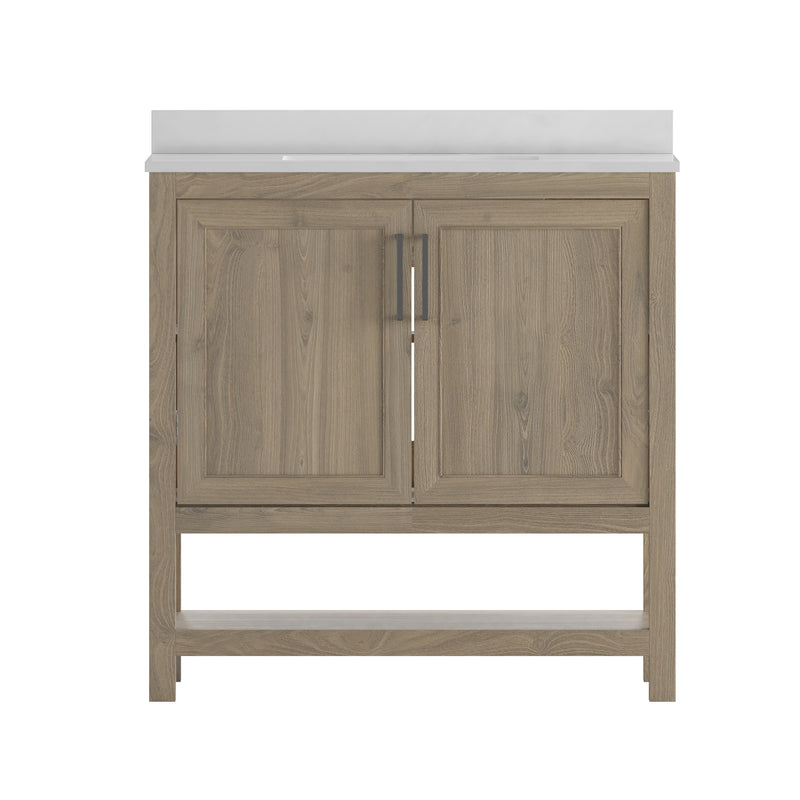 Vivien 36 Inch Bathroom Vanity with Carrara Marble Finish Countertop, Single Sink Cabinet with Soft Close Doors and Open Shelf