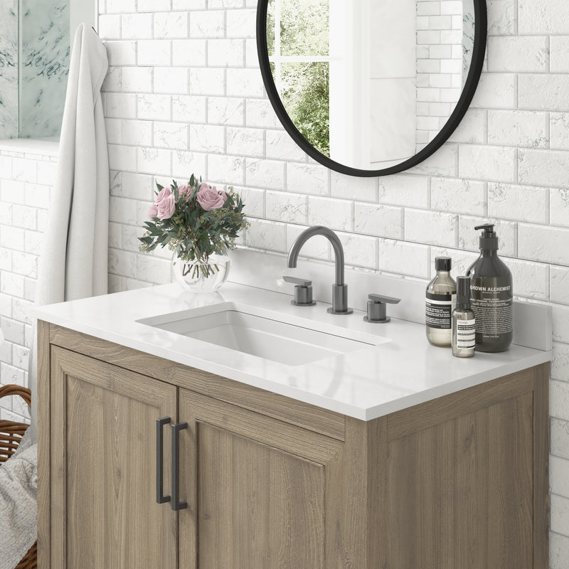 Vivien 36 Inch Bathroom Vanity with Carrara Marble Finish Countertop, Single Sink Cabinet with Soft Close Doors and Open Shelf