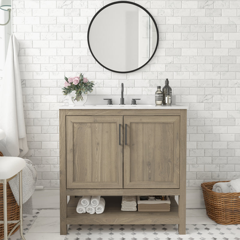 Vivien 36 Inch Bathroom Vanity with Carrara Marble Finish Countertop, Single Sink Cabinet with Soft Close Doors and Open Shelf