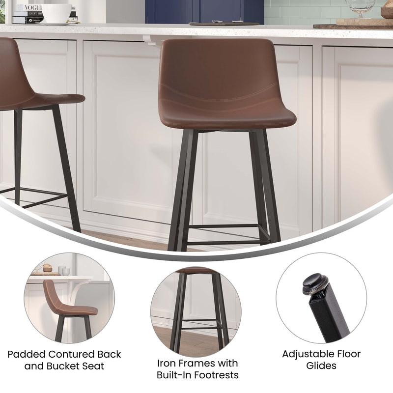 Brandy Modern Upholstered Bucket Seat Bar Stools with Metal Frames, Set of 2