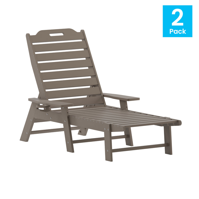 Edgley Set of 2 Adjustable Adirondack Lounger with Cup Holder- All-Weather Indoor/Outdoor HDPE Lounge Chair