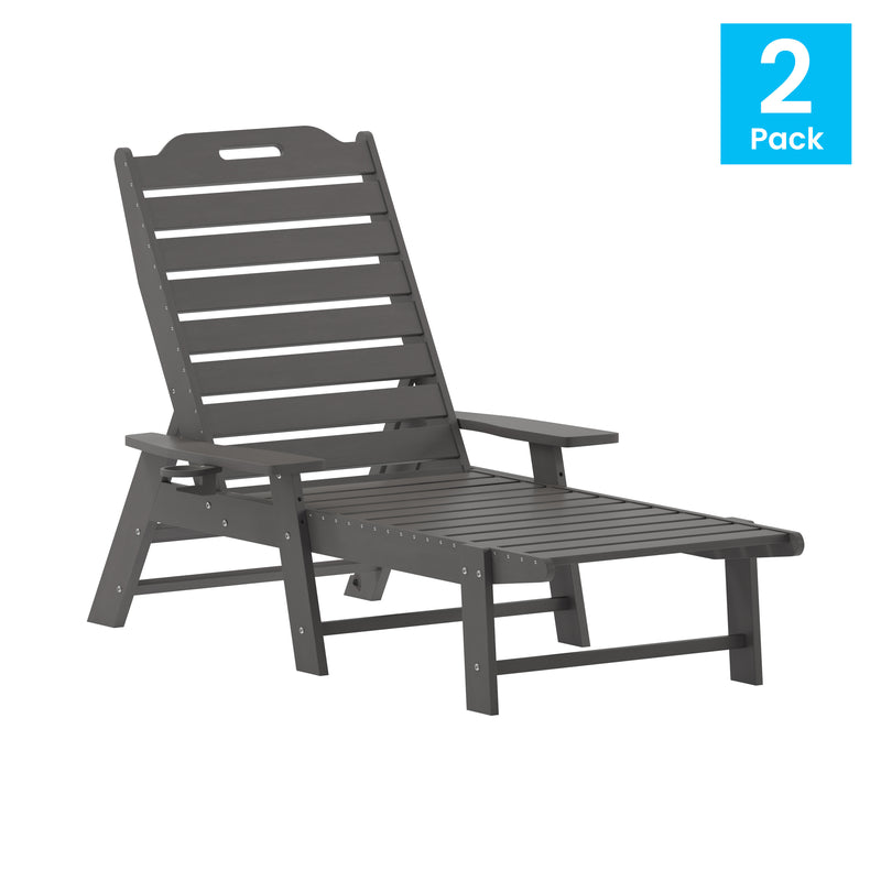 Edgley Set of 2 Adjustable Adirondack Lounger with Cup Holder- All-Weather Indoor/Outdoor HDPE Lounge Chair