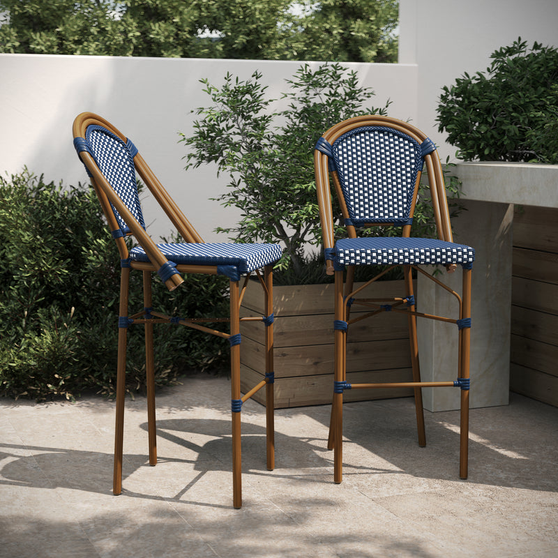 Neave Indoor/Outdoor Stackable French Bistro Bar Stools in White/Gray PE Rattan with Bamboo Print Frame, Set of 2