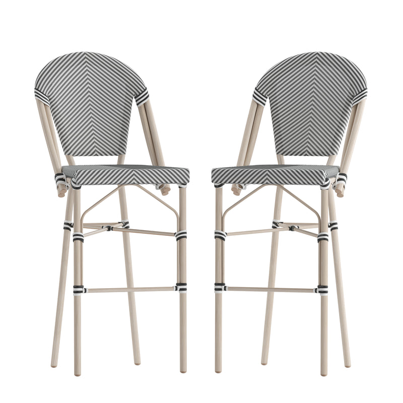 Noemi Indoor/Outdoor Stackable French Bistro Bar Stools with Bamboo Print Frame, Set of 2