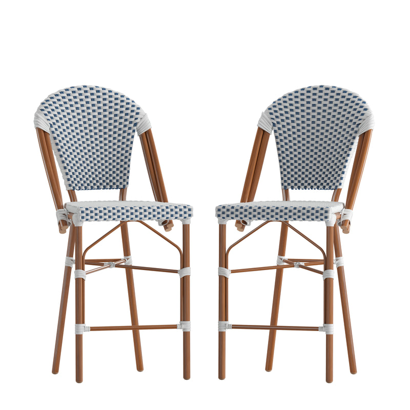 Neave Indoor/Outdoor Stackable French Bistro Counter Stools PE Rattan with Bamboo Print Frame, Set of 2