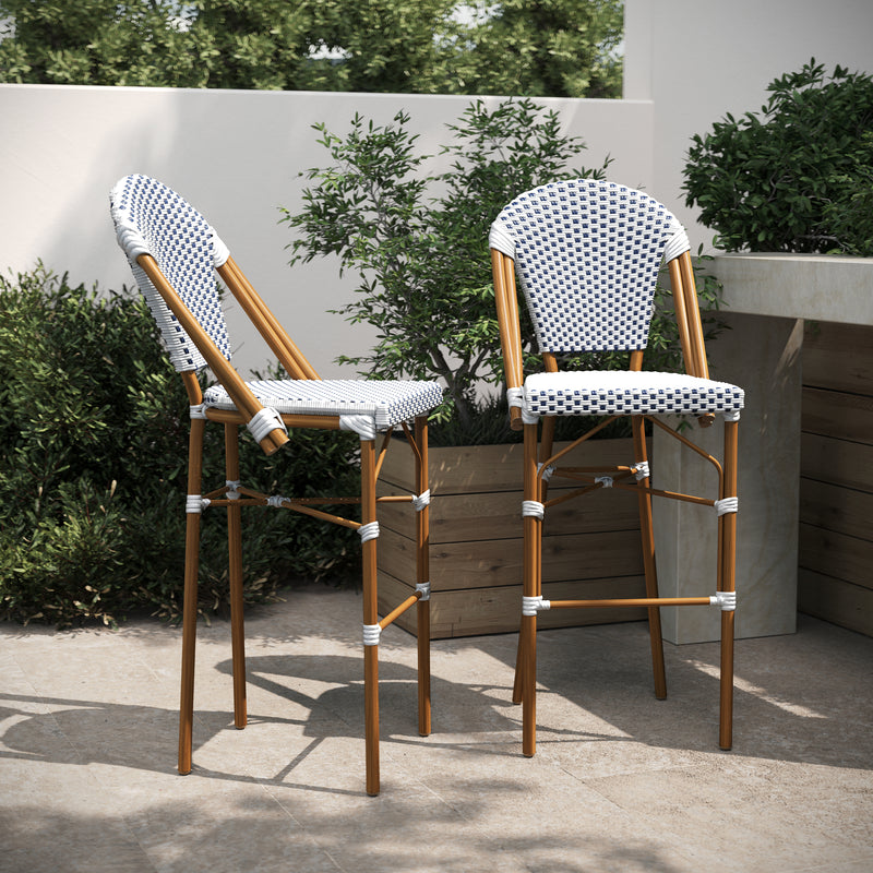 Neave Indoor/Outdoor Stackable French Bistro Bar Stools in White/Gray PE Rattan with Bamboo Print Frame, Set of 2