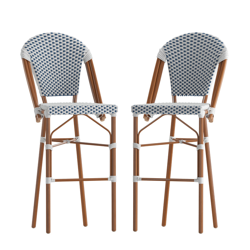 Neave Indoor/Outdoor Stackable French Bistro Bar Stools in White/Gray PE Rattan with Bamboo Print Frame, Set of 2