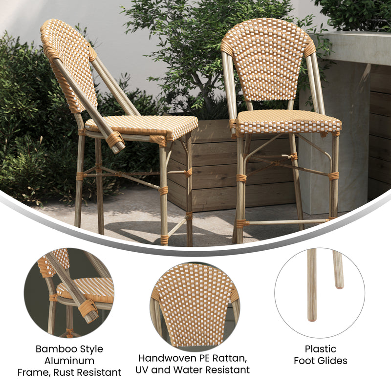 Neave Indoor/Outdoor Stackable French Bistro Counter Stools PE Rattan with Light Natural Frame, Set of 2