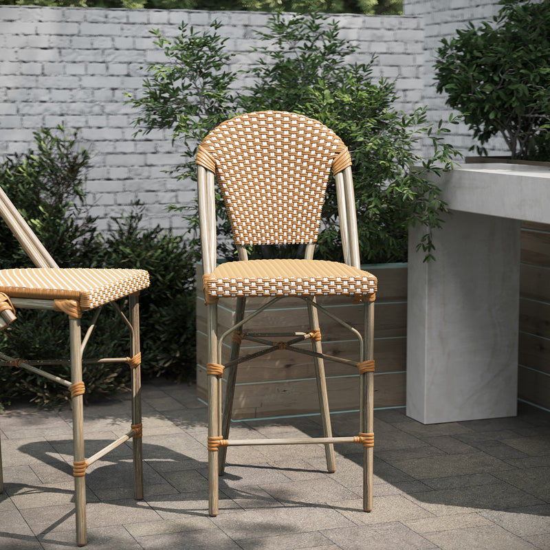 Neave Indoor/Outdoor Stackable French Bistro Counter Stools PE Rattan with Light Natural Frame, Set of 2