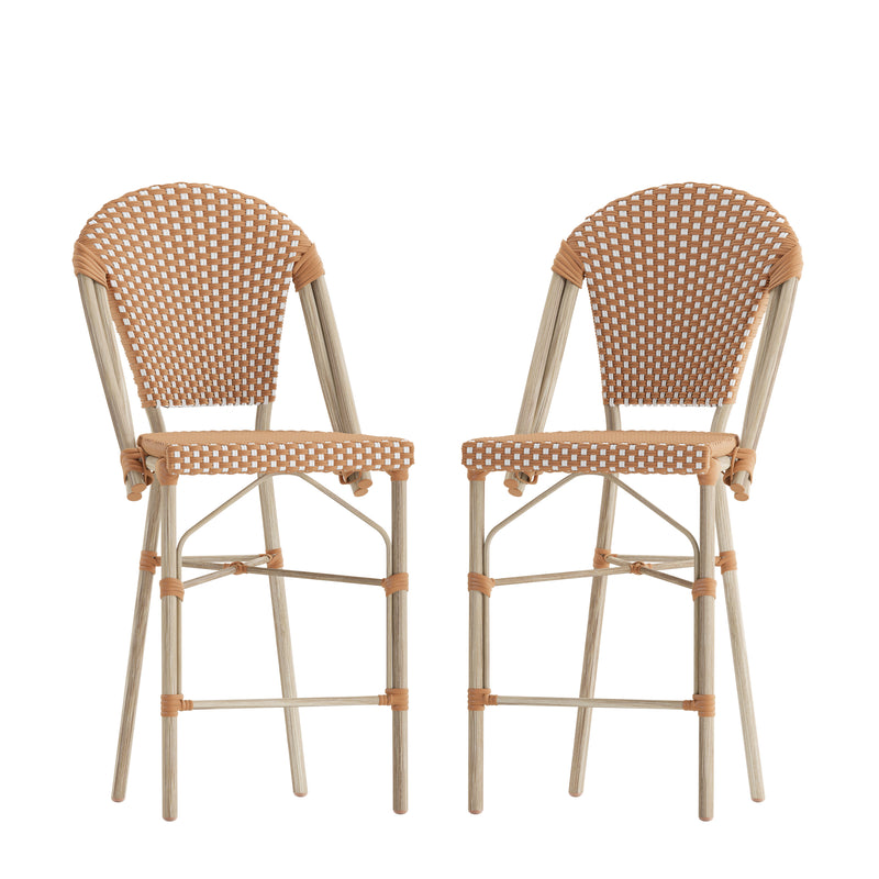 Neave Indoor/Outdoor Stackable French Bistro Counter Stools PE Rattan with Light Natural Frame, Set of 2