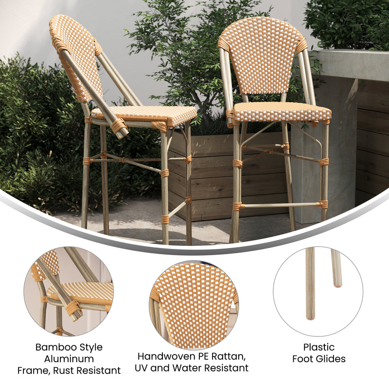 Neave Indoor/Outdoor Stackable French Bistro Bar Stools in PE Rattan with Light Natural Frame, Set of 2