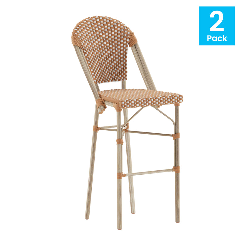 Neave Indoor/Outdoor Stackable French Bistro Bar Stools in PE Rattan with Light Natural Frame, Set of 2