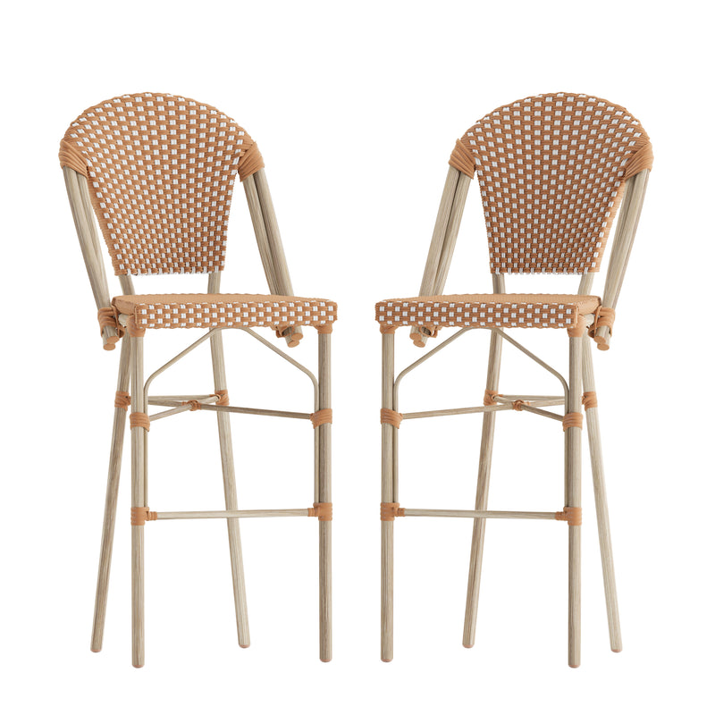 Neave Indoor/Outdoor Stackable French Bistro Bar Stools in PE Rattan with Light Natural Frame, Set of 2