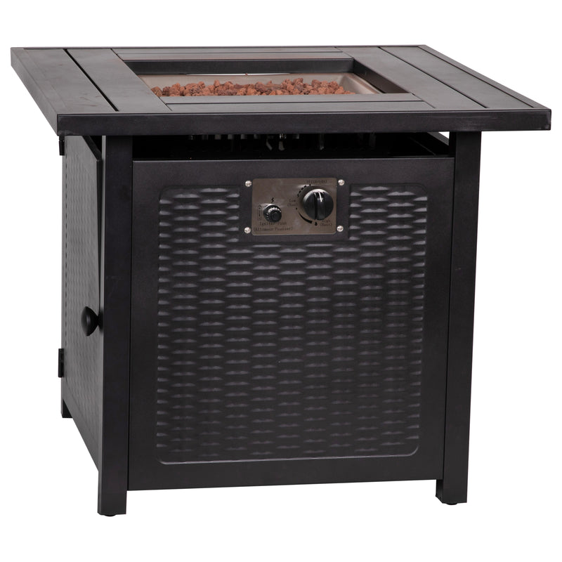 Marilyn 50,000 BTU Propane Gas Fire Pit Table with Stainless Steel Table Top, Lid, Lava Rocks, and PE Rattan Base, 45" x 25"