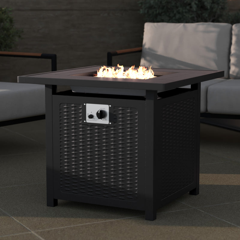 Marilyn 50,000 BTU Propane Gas Fire Pit Table with Stainless Steel Table Top, Lid, Lava Rocks, and PE Rattan Base, 45" x 25"