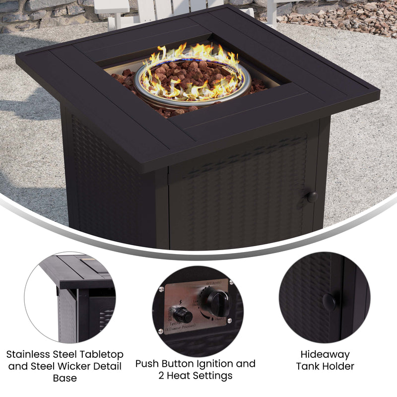 Marilyn 50,000 BTU Propane Gas Fire Pit Table with Stainless Steel Table Top, Lid, Lava Rocks, and PE Rattan Base, 45" x 25"