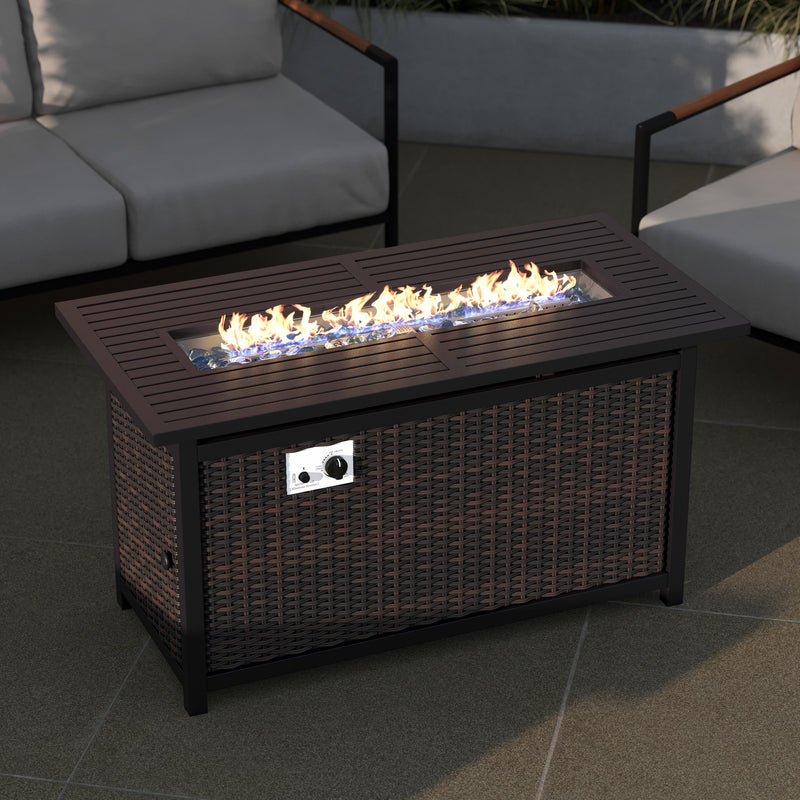 Marilyn 50,000 BTU Propane Gas Fire Pit Table with Stainless Steel Table Top, Lid, Lava Rocks, and PE Rattan Base, 45" x 25"