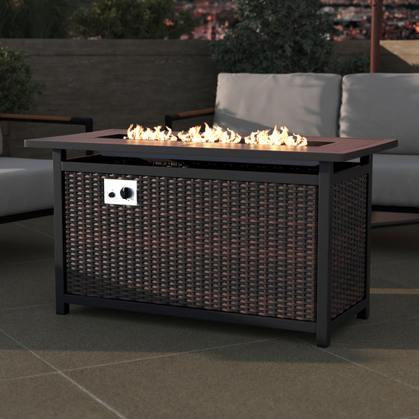 Marilyn 50,000 BTU Propane Gas Fire Pit Table with Stainless Steel Table Top, Lid, Lava Rocks, and PE Rattan Base, 45" x 25"