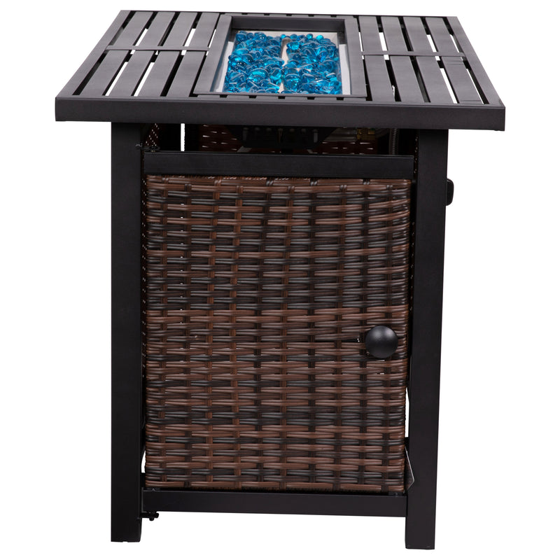 Marilyn 50,000 BTU Propane Gas Fire Pit Table with Stainless Steel Table Top, Lid, Lava Rocks, and PE Rattan Base, 45" x 25"