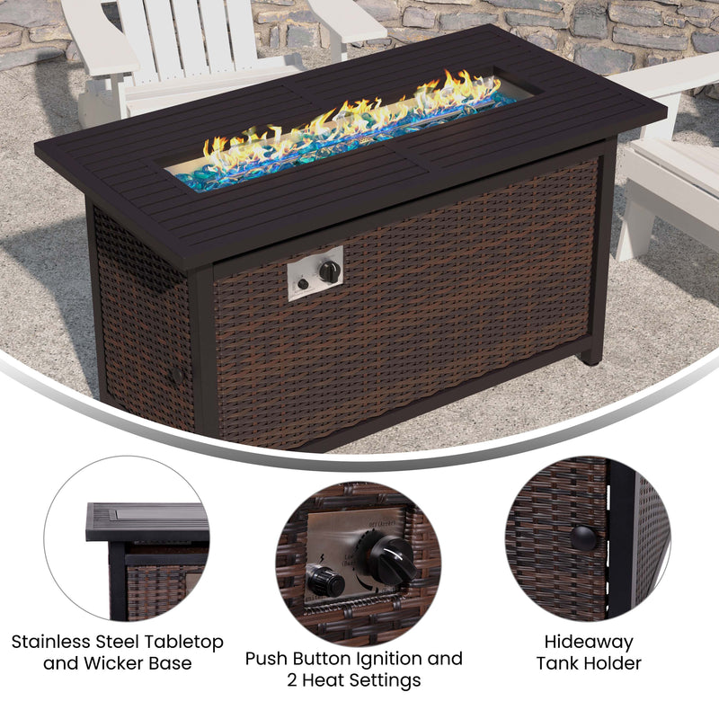 Marilyn 50,000 BTU Propane Gas Fire Pit Table with Stainless Steel Table Top, Lid, Lava Rocks, and PE Rattan Base, 45" x 25"