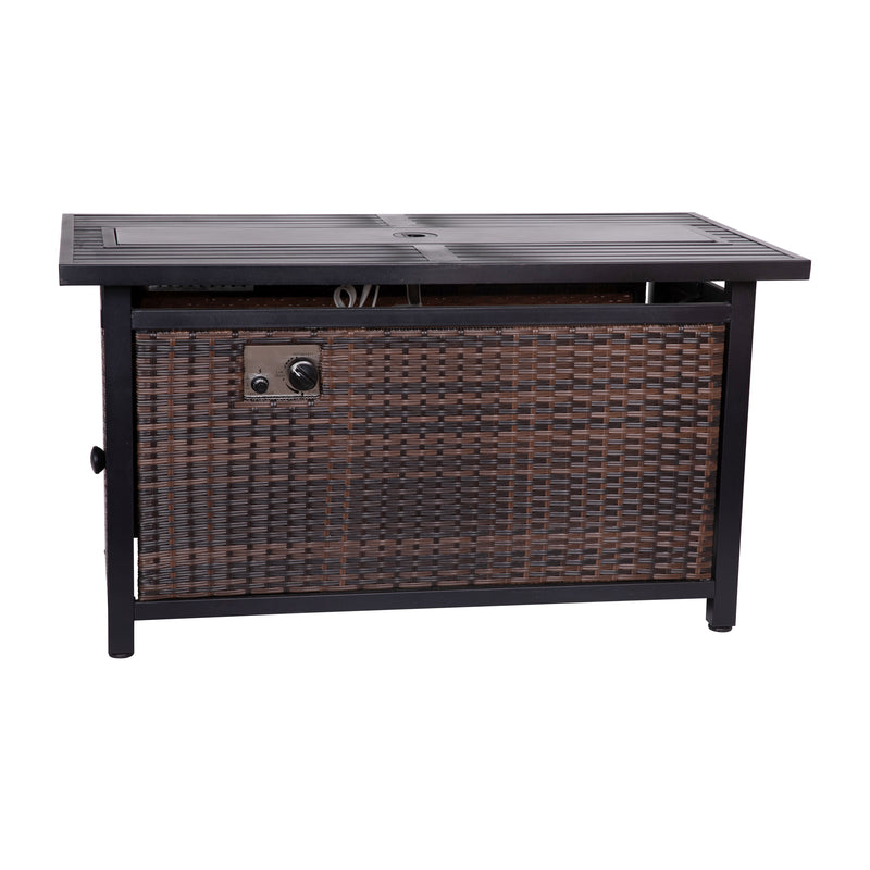 Marilyn 50,000 BTU Propane Gas Fire Pit Table with Stainless Steel Table Top, Lid, Lava Rocks, and PE Rattan Base, 45" x 25"