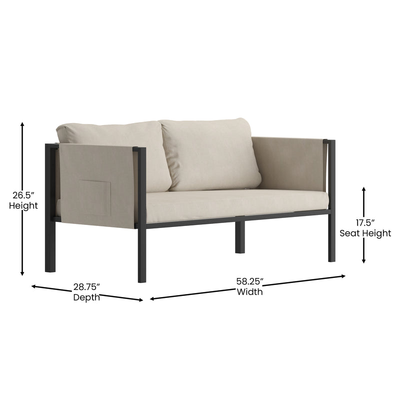 Amy Black Metal Indoor/Outdoor Patio Love Seat with Storage Pockets