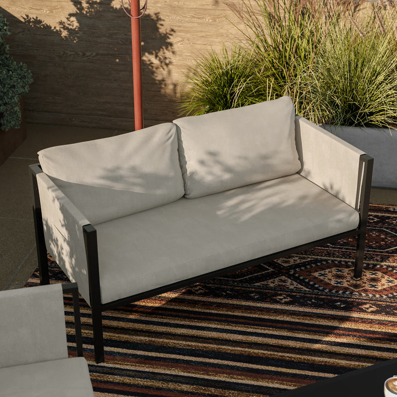 Amy Black Metal Indoor/Outdoor Patio Love Seat with Storage Pockets and Cushions