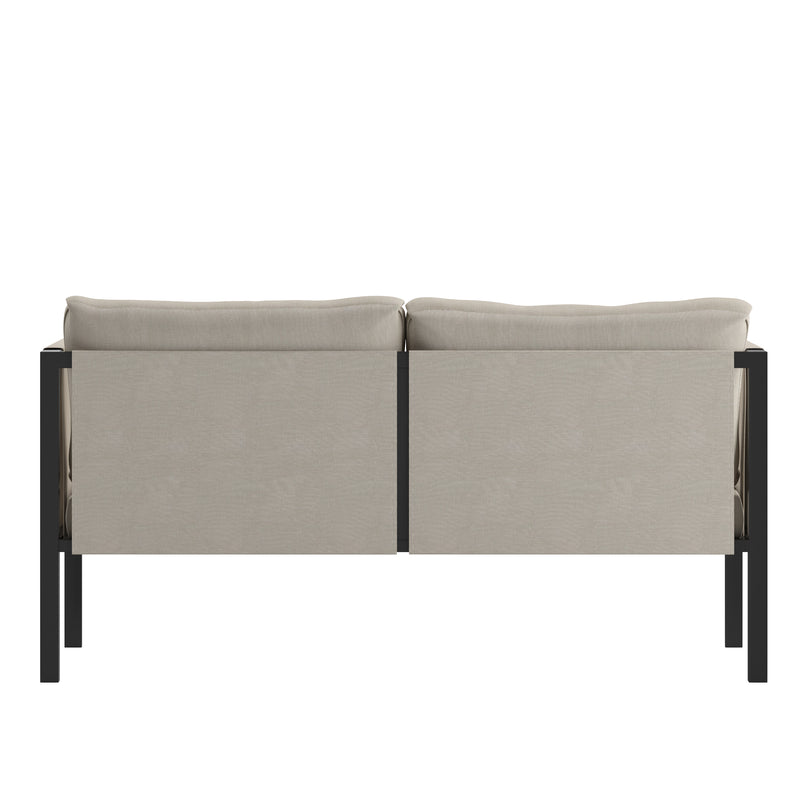 Amy Black Metal Indoor/Outdoor Patio Love Seat with Storage Pockets and Cushions