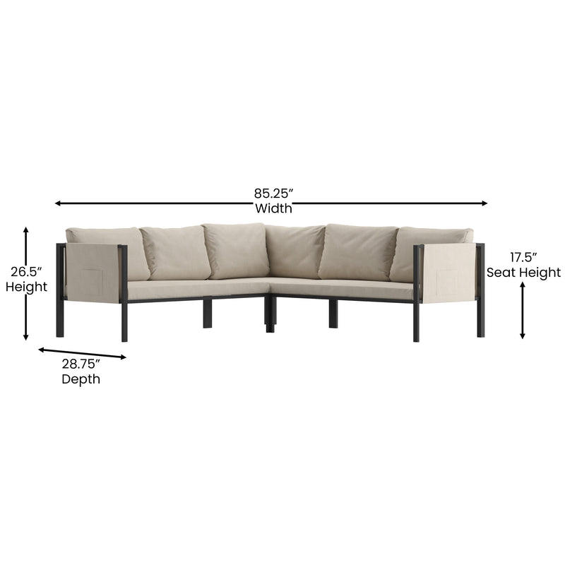 Amy Black Metal Indoor/Outdoor Patio Sectional with Storage Pockets and Cushions