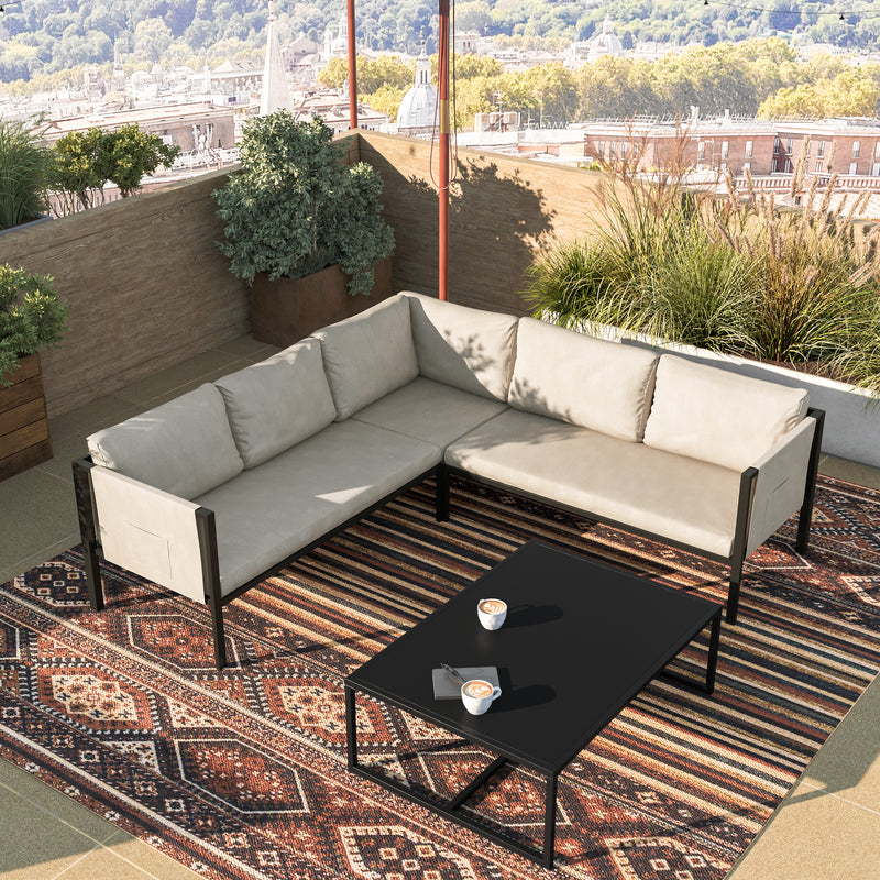 Amy Black Metal Indoor/Outdoor Patio Sectional with Storage Pockets and Cushions