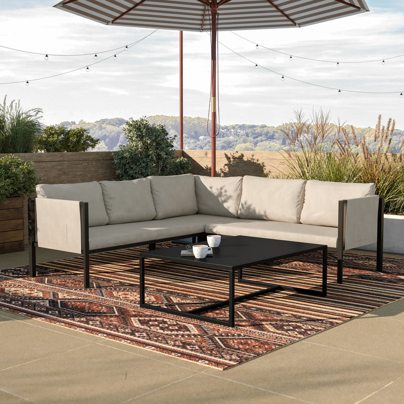 Amy Black Metal Indoor/Outdoor Patio Sectional with Storage Pockets and Cushions