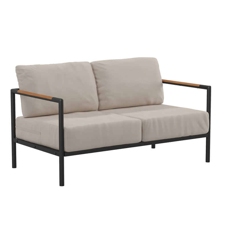 Amy Black Metal Indoor/Outdoor Patio Love Seat with Teak Accented Arms